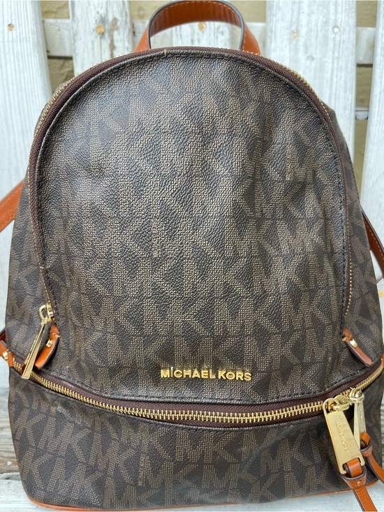 Michael Kors Rhea Medium Backpack Brown Acorn MK Logo Print Gold Zippers main image 4